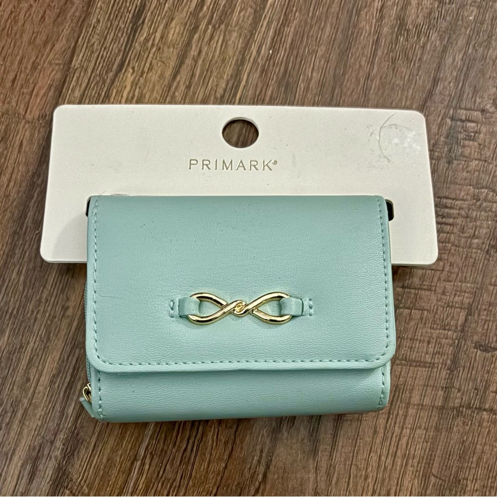 NEW Primark Blue Trifold Zip Wallet w Gold Infinity Symbol Card Slot Billfold